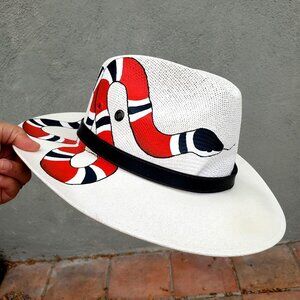 Hand Painted Snake White Fedora Straw Hat Made in Mexico Size Medium